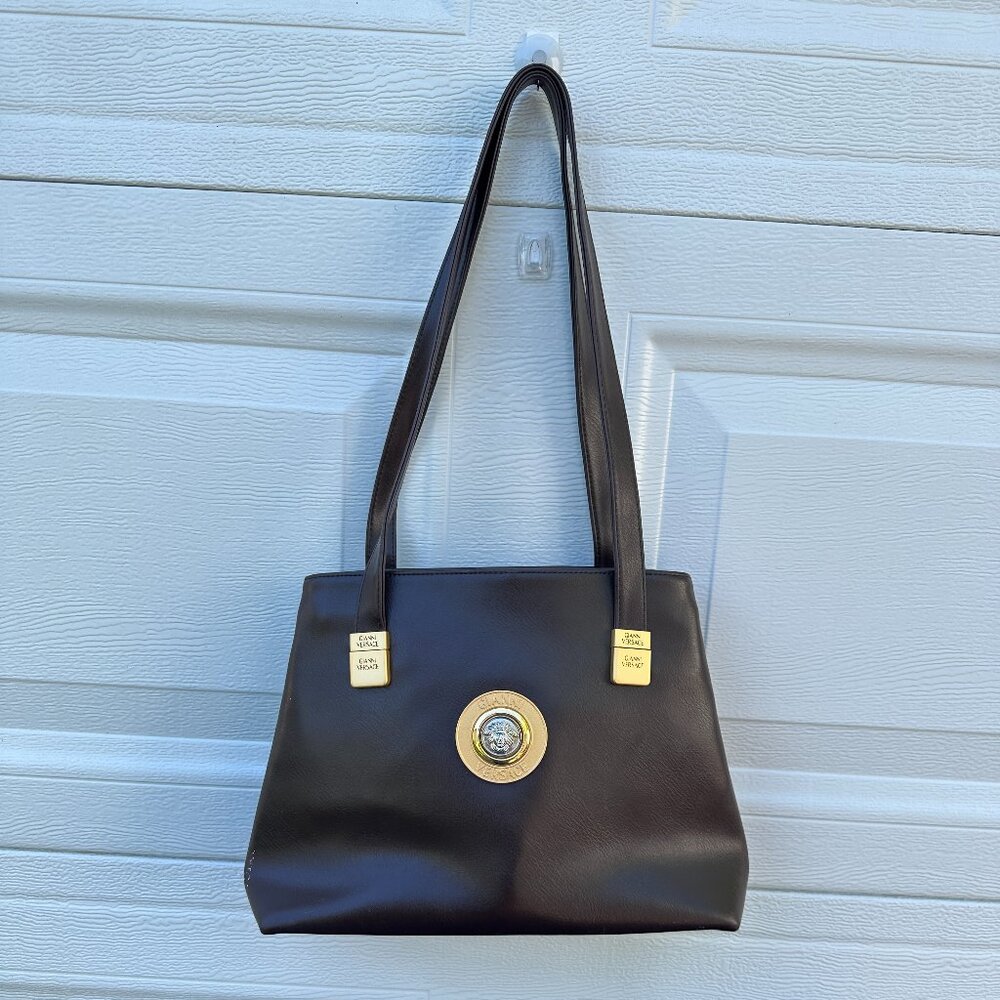 Vintage 90s Gianni Versace Bag Tote Purse Brown Gold Italy Medusa Logo
